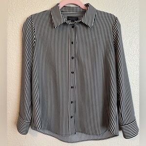 Investments Petite Small Black and White Vertical Striped Button Down